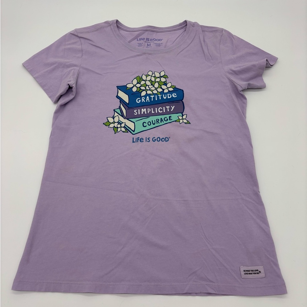 Life is Good Women’s Tee – Purple Books Graphic – Size Medium